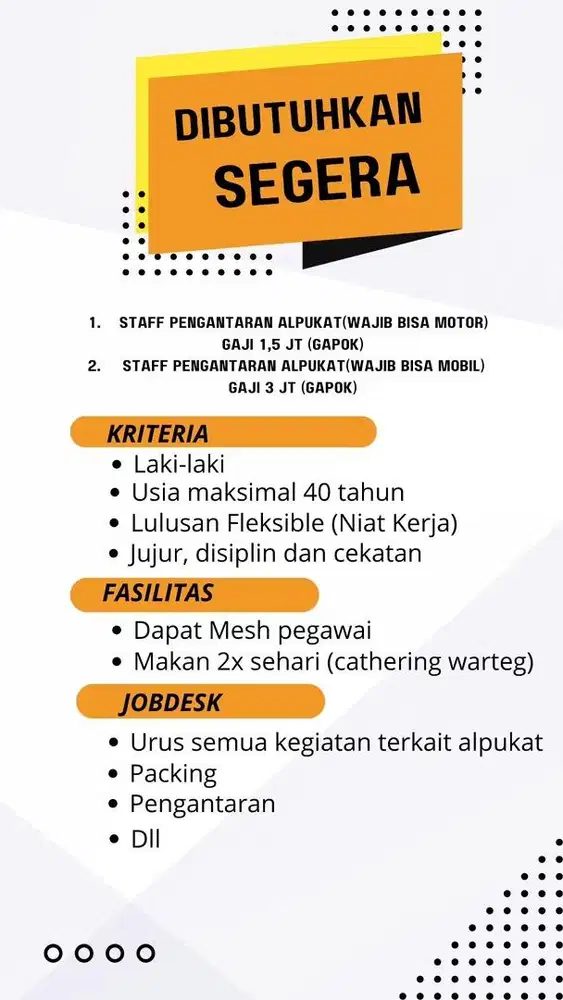 Dibutuhkan segera staff pengantaran buah QA