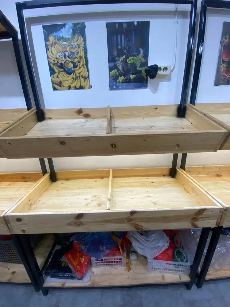 Rak Display Buah dan Sayur | Rak Display Kayu kombinasi besi 2 tingkat