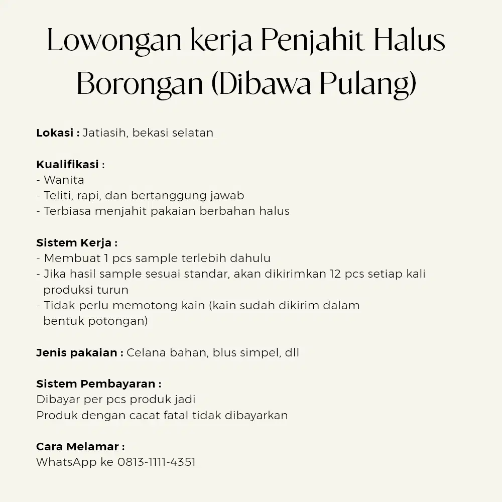 Lowongan kerja Penjahit Halus Borongan (Dibawa Pulang)