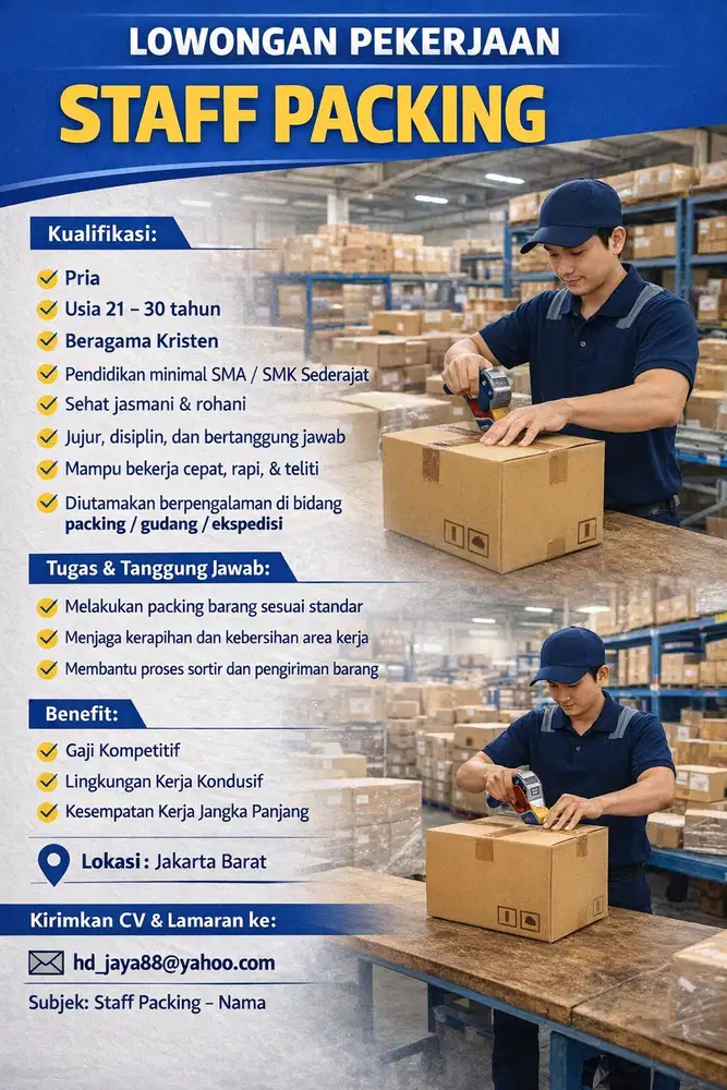 DIBUTUHKAN STAFF PACKING NON-MUSLIM – JAKARTA BARAT