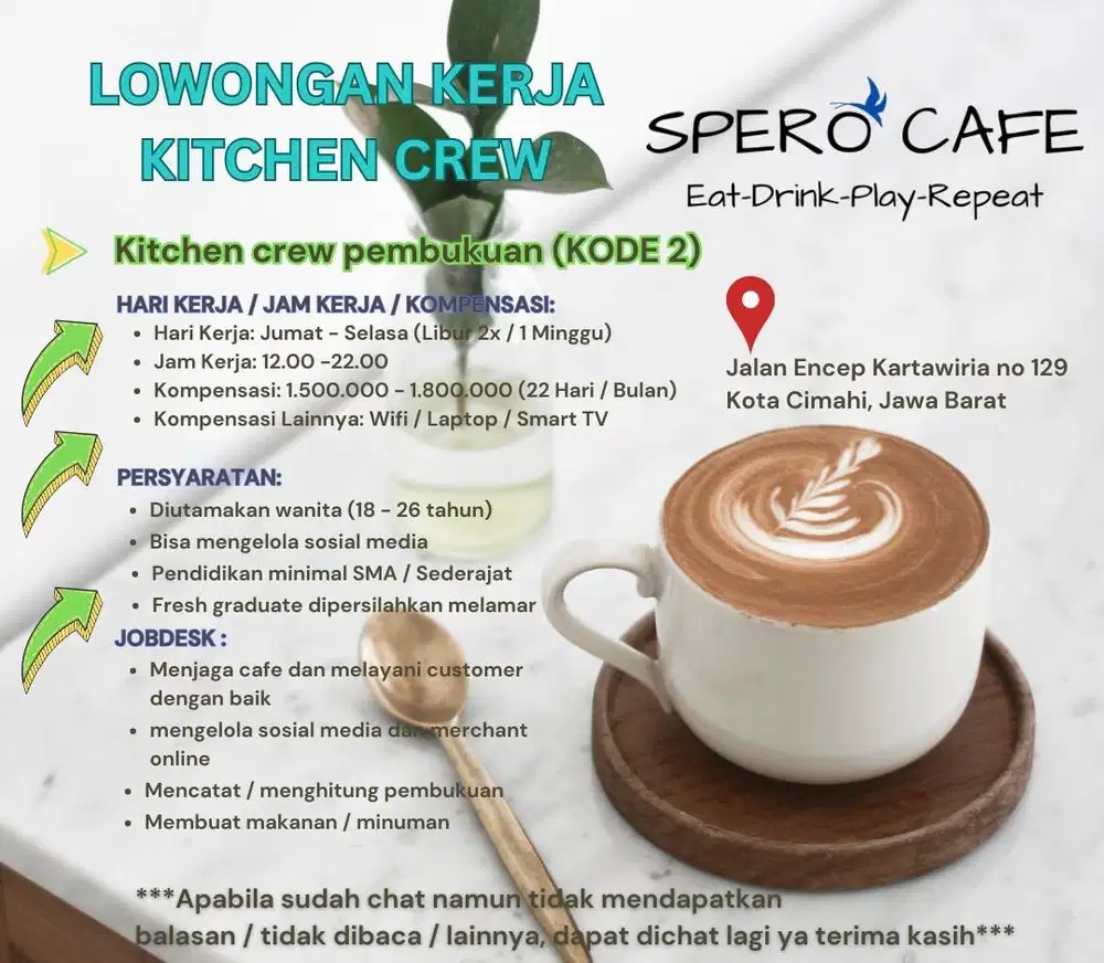 LOWONGAN KITCHEN CREW / BARISTA SPERO CAFE