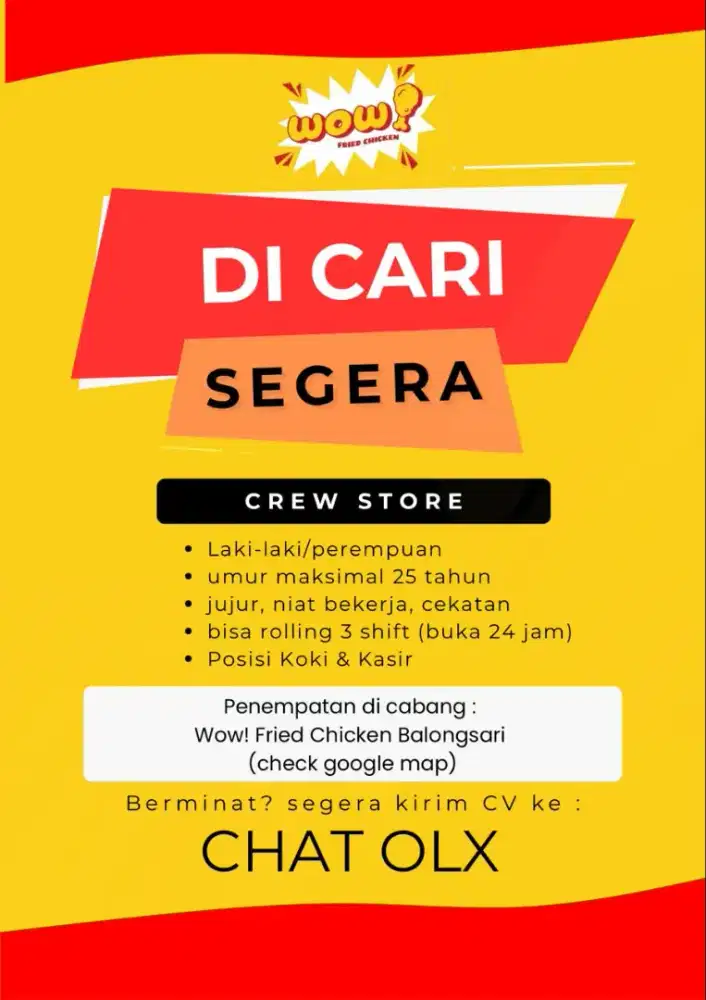 DICARI CREW STORE LAKI-LAKI KOKI & KASIR