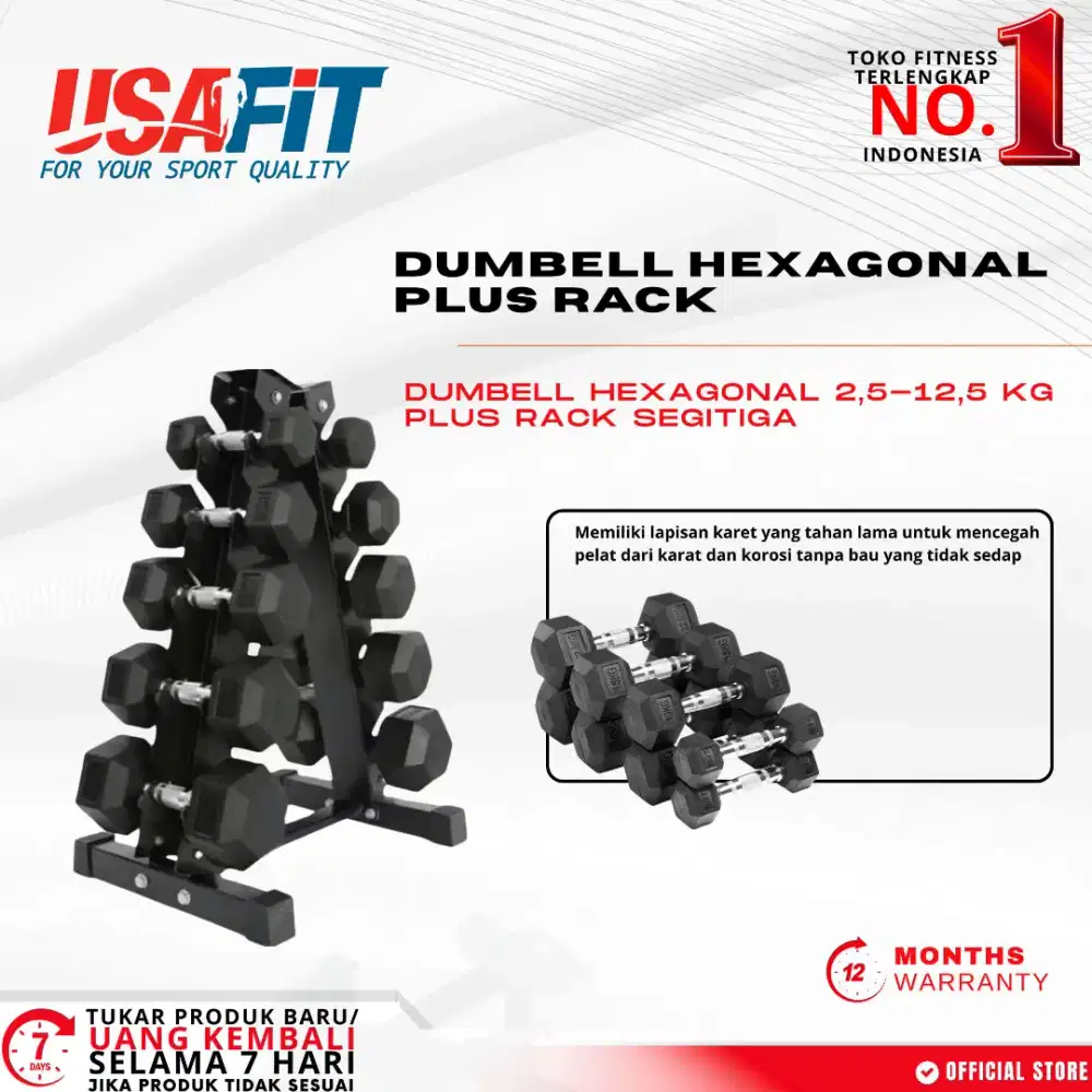 Dumbell Set Hexagonal Usafit,2,5-12, 5kg Alat Fitness Gym Comercial