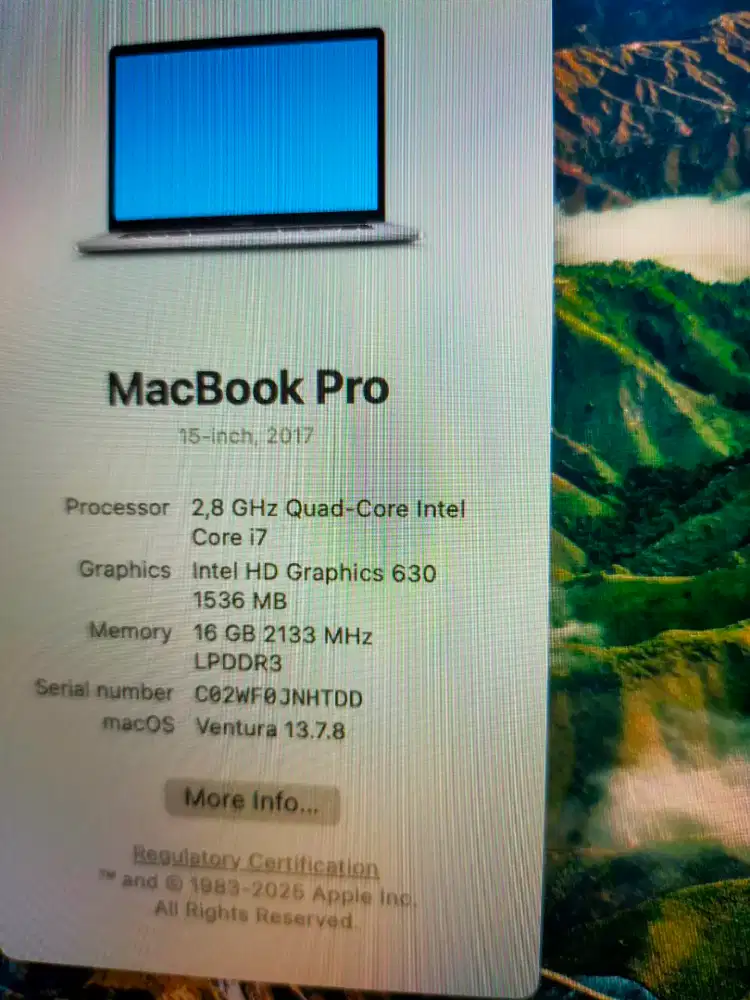 Dijual macbook Pro 15-inch 2017 Intel core I7 Quad core Ram 16GB VGA