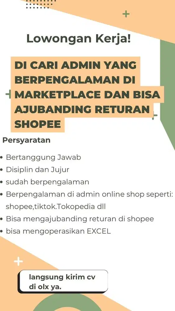 Di cari admin yang berpengalaman di shopee dan bisa ajubanding returan