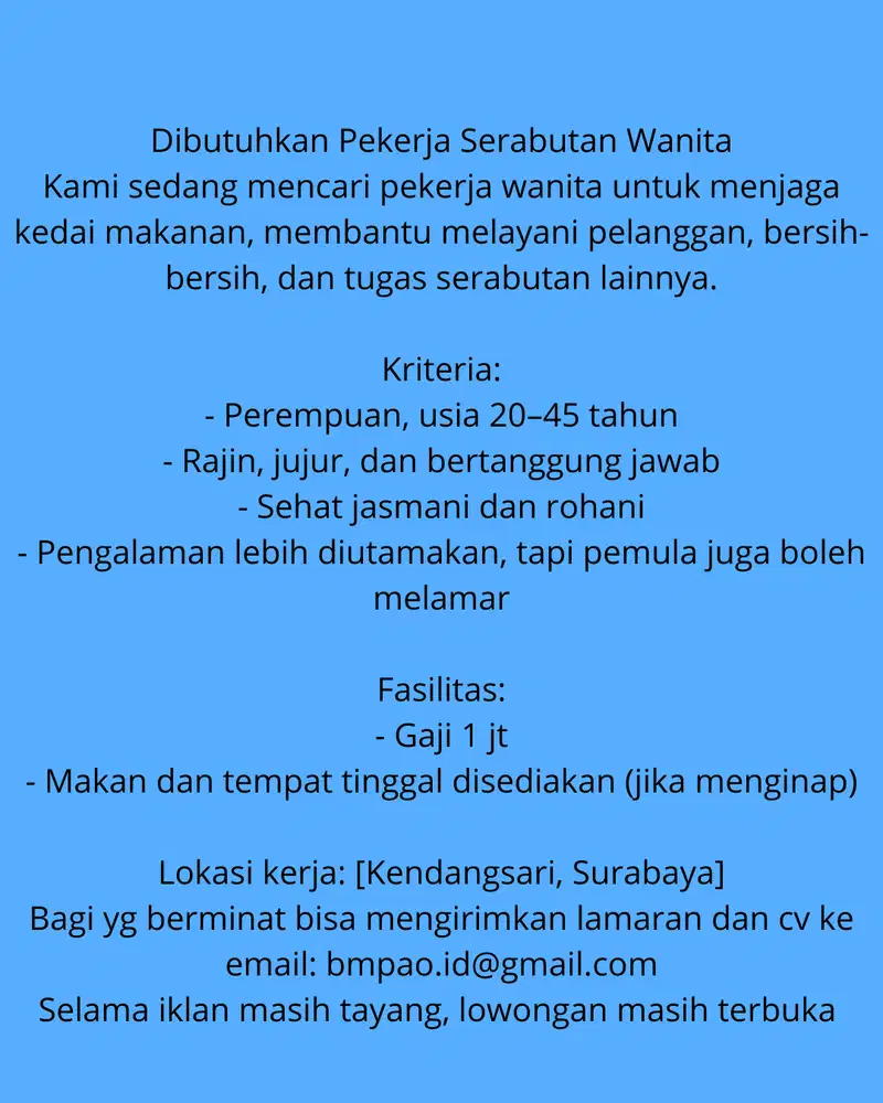 Dibutuhkan pekerja serabutan wanita