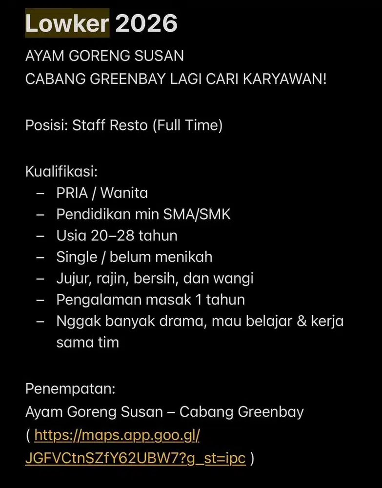 Lowongan staff resto full time di pluit jakarta utara