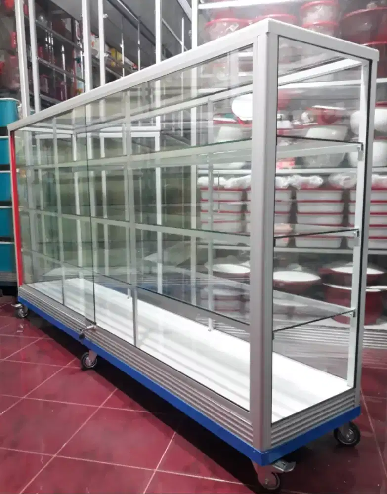 Etalase Pakai Roda Panjang 2M Kaca Full 5MM