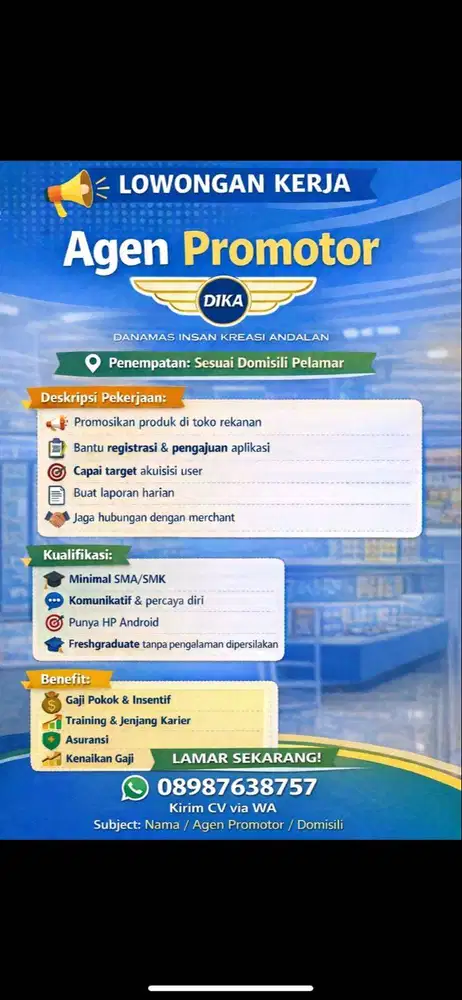 PT DIKA MEMBUKA LOWONGAN PEKERJAAN UNTUK POSISI SALES PROMOTOR SPG/SPB