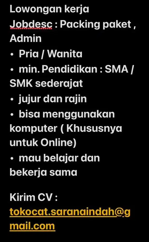 Lowongan Kerja Packing dan sebagainya