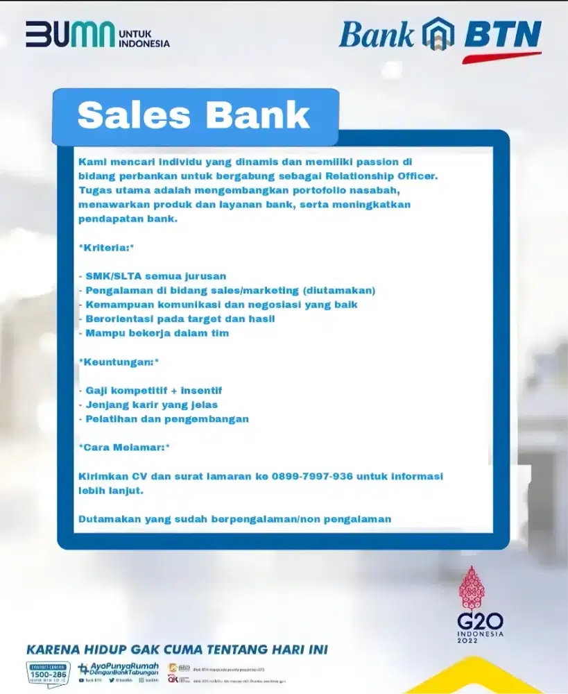 Lowongan kerja SPG/SPB BANK BTN