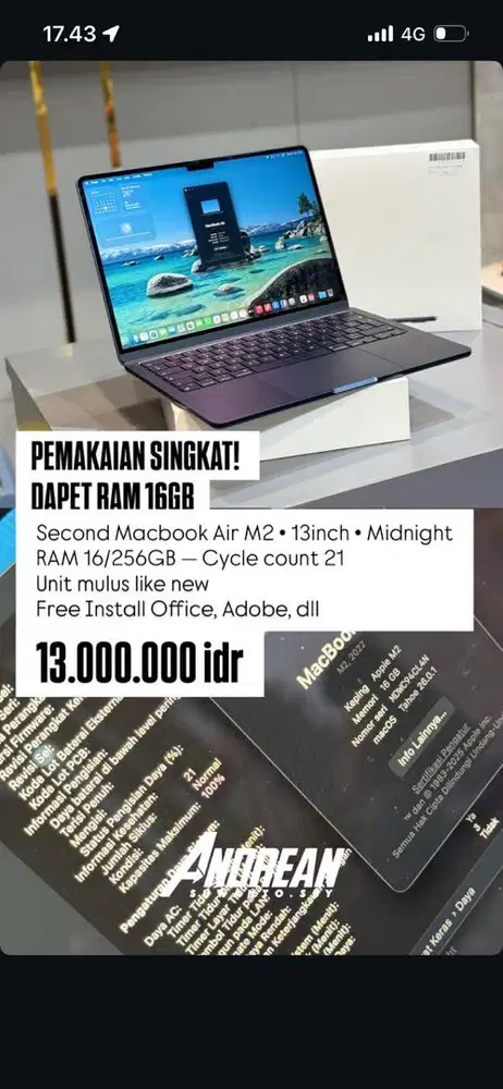 Macbook air M2 13,6 inch 16/256