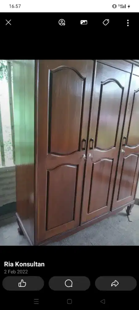 Lemari kayu jati pintu 3 bekas dah melamin