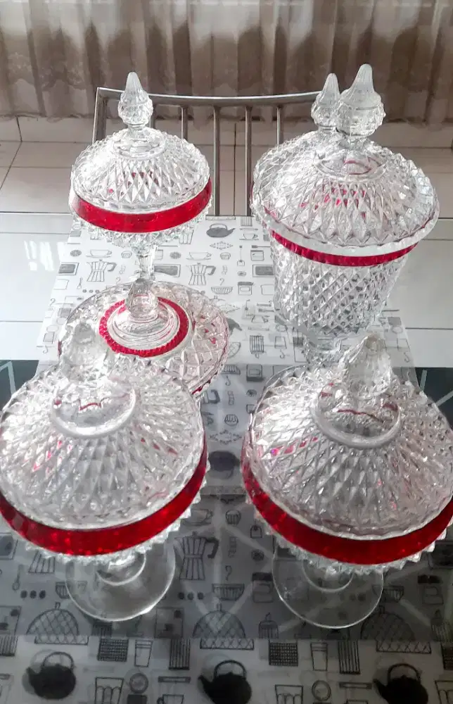 Toples Kristal Ruby Red Flashed Indiana Glass – Diamond Point Set of 6