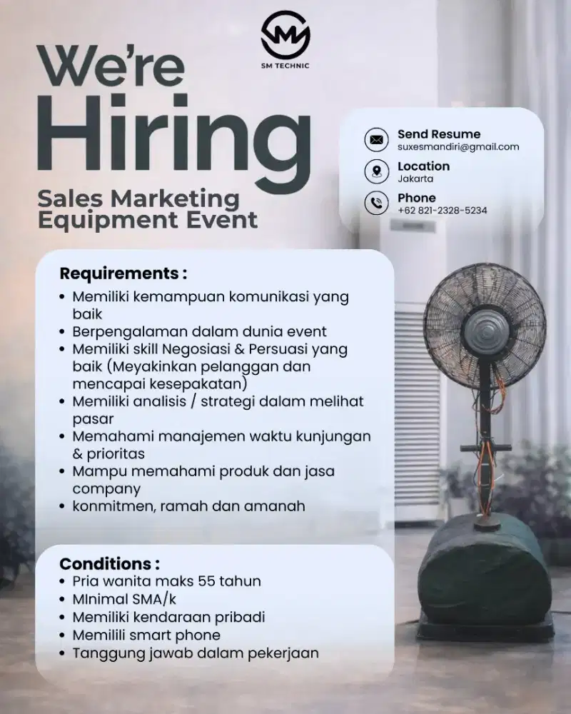 Dibutuhkan SALES MARKETING EQUIPMENT EVENT