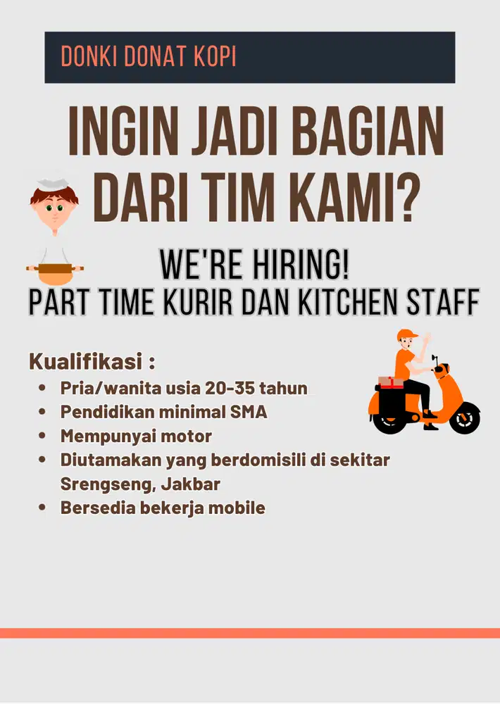 Dibutuhkan segera kurir/kitchen helper untuk bakery di srengseng