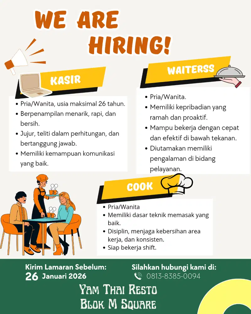 Loker Kasir,waiter, dan cook Resto
