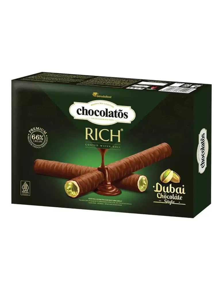 Chocolatos waferoll pistachio dubai chocolate 135 gram 1 pack isi 10pc