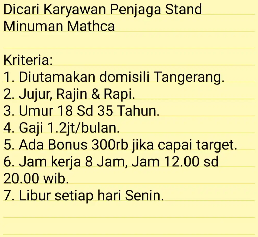 Dicari Karyawan Penjaga Stand Minuman Mathca