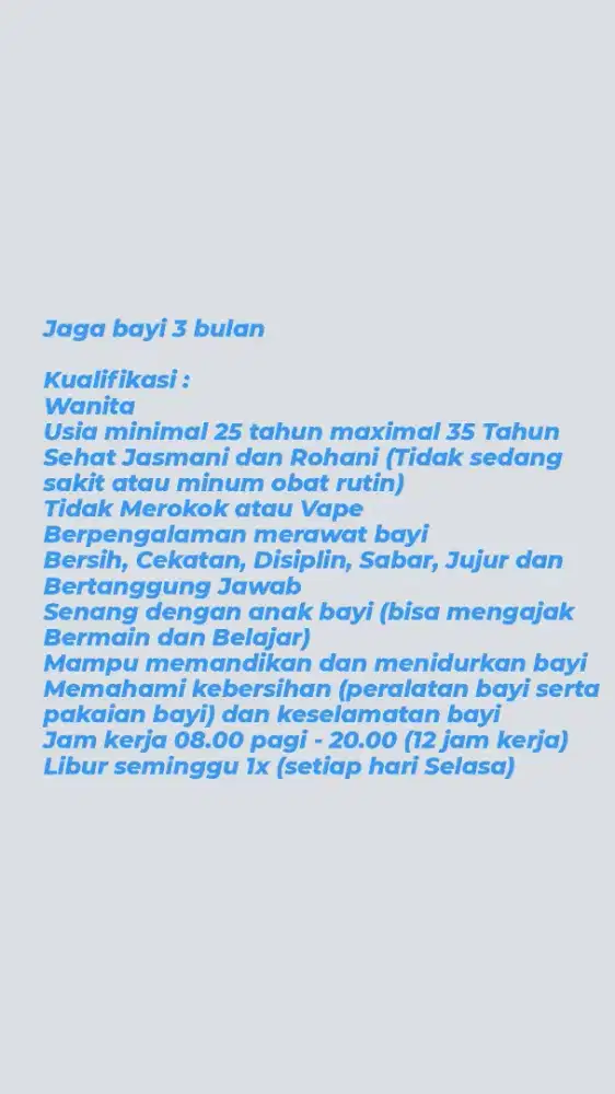 Baby Sitter (Dibutuhkan segera atau Dibutuhkan cepat)