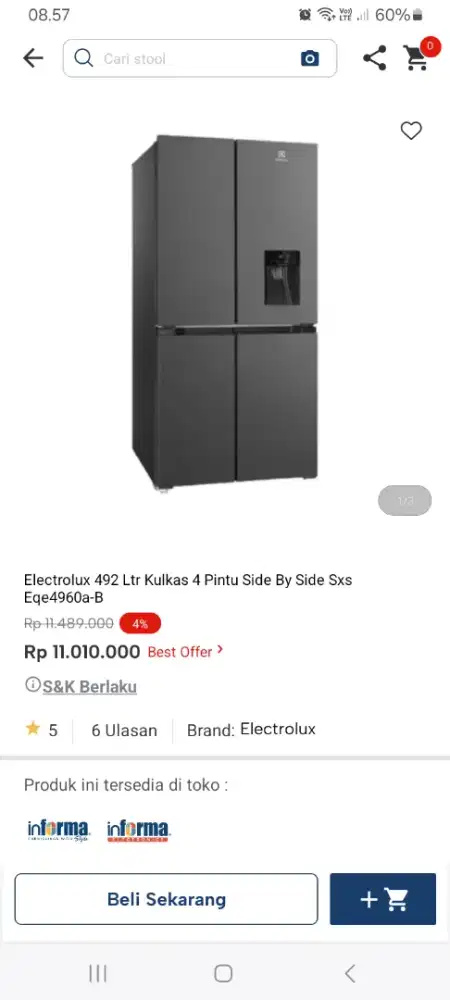 PROMO KREDIT ELECTROLUX 492 LTR KULKAS 4 PINTU SBS