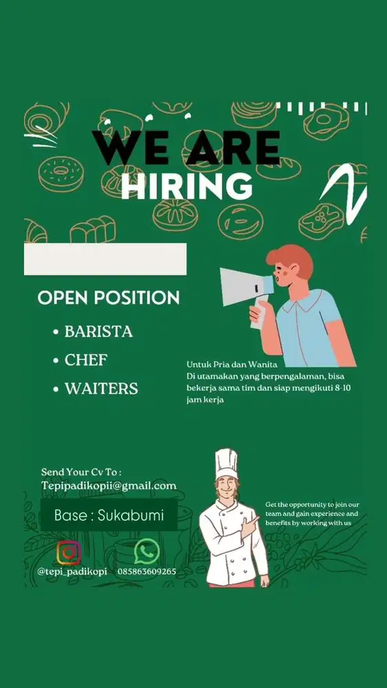 Lowongan pekerjaan untuk head chef dan head barista