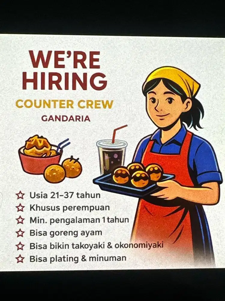 DICARI CREW MASAK, MASAKAN JEPANG , TAKOYAKI