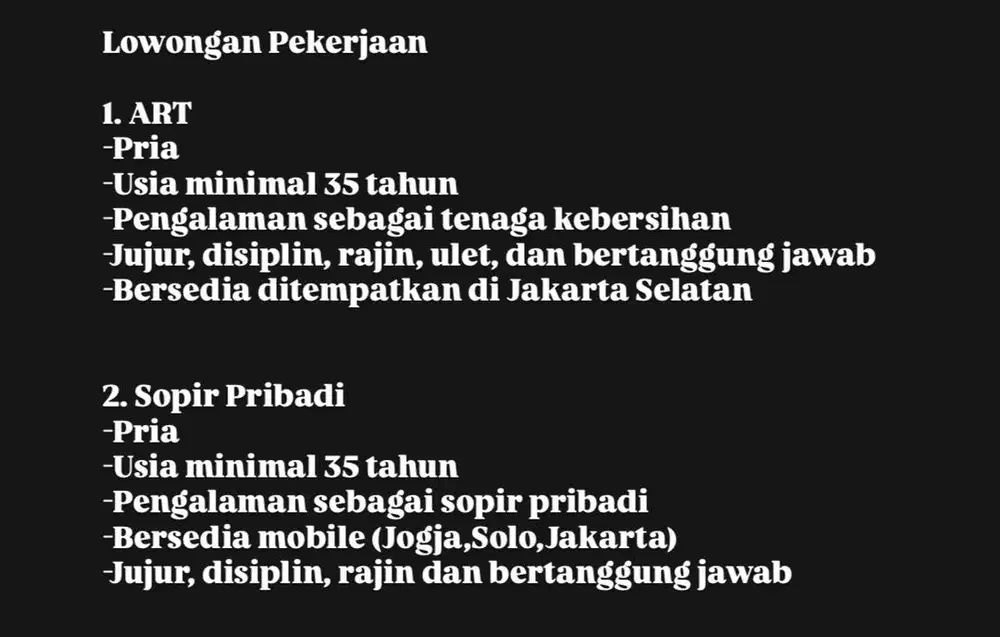 Lowongan ART dan Sopir Pribadi