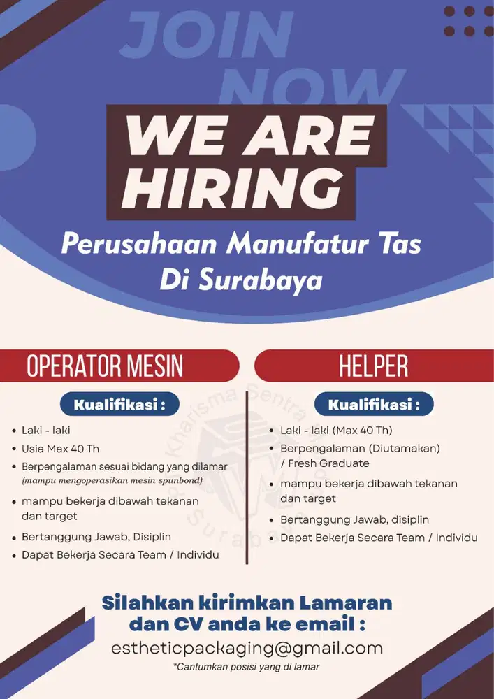 Dibutuhkan Helper / Operator Mesin