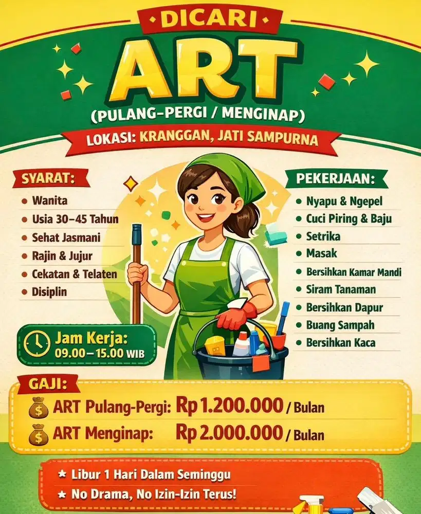 Dicari ART Pulang Pergi/Menginap