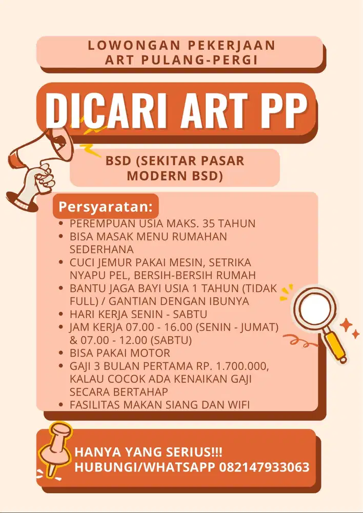 DICARI ART PP AREA BSD SEKITAR PASAR MODERN BSD