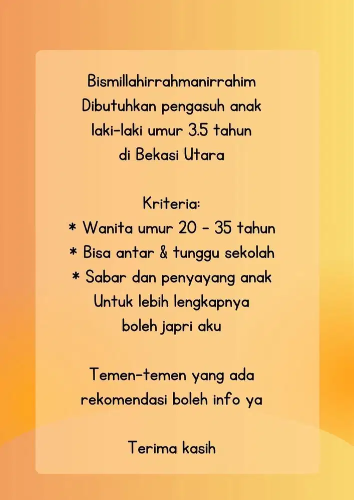 Pengasuh anak umur 3.5 tahun