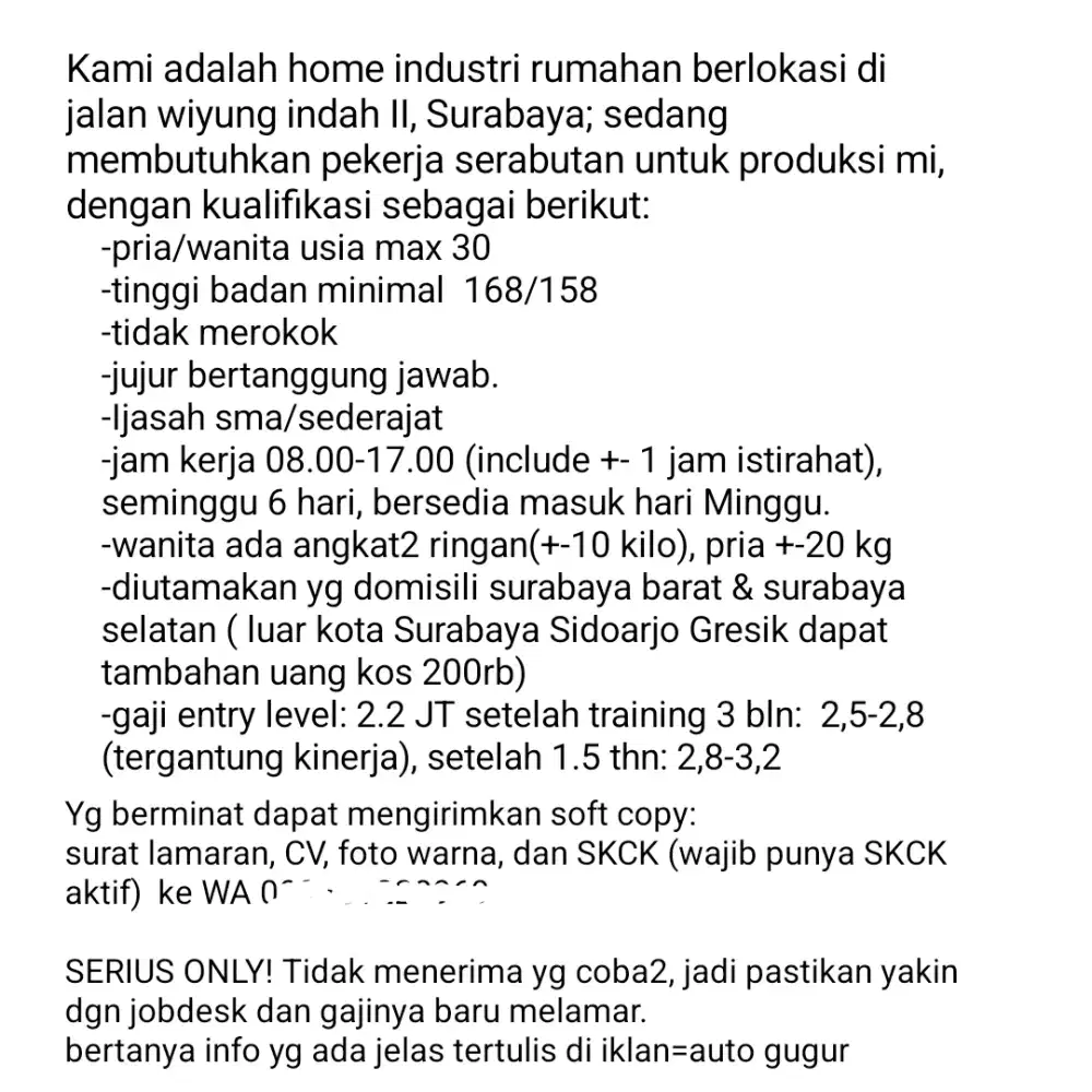 Loker serabutan produksi