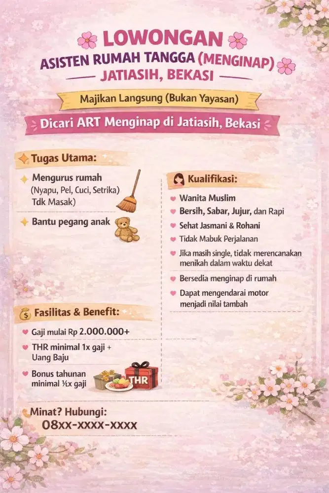 Lowongan ART (MENGINAP) jatiasih