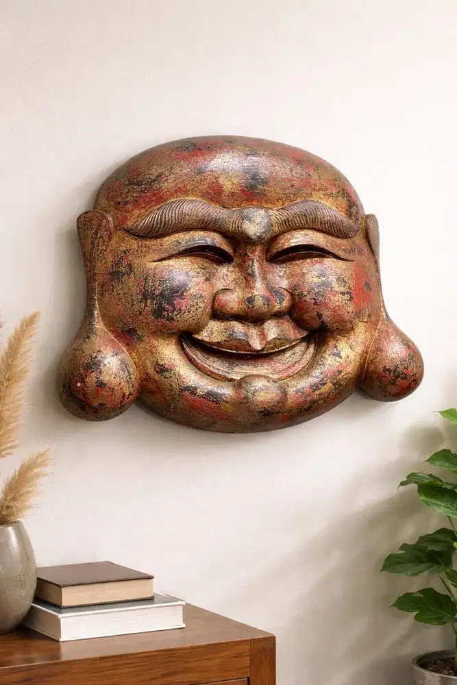 Hiasan Dinding Kepala Buddha Tertawa (Budai) Kayu