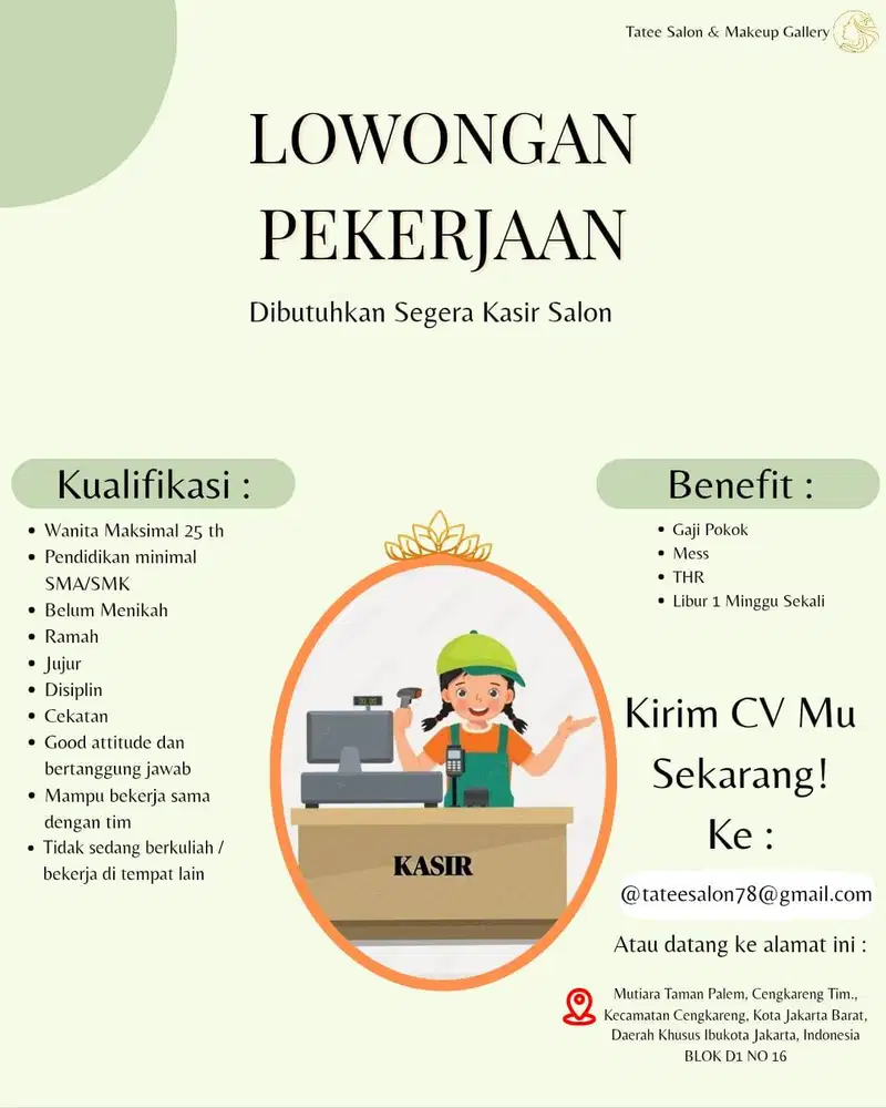 Dibutuhkan Segera kasir salon