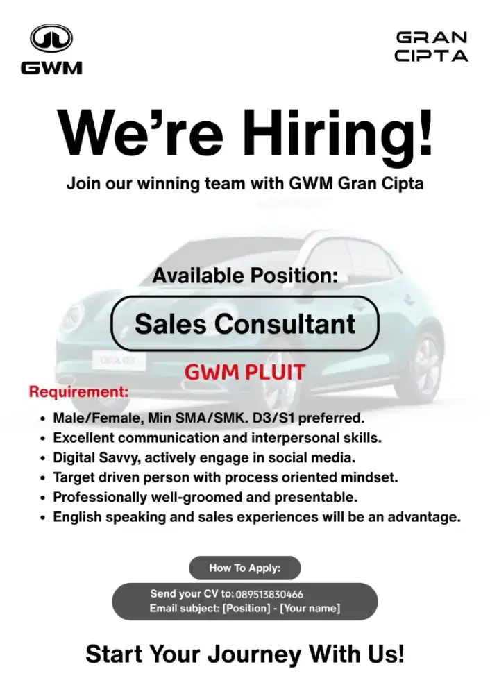 Loker sales mobil GWM jakarta