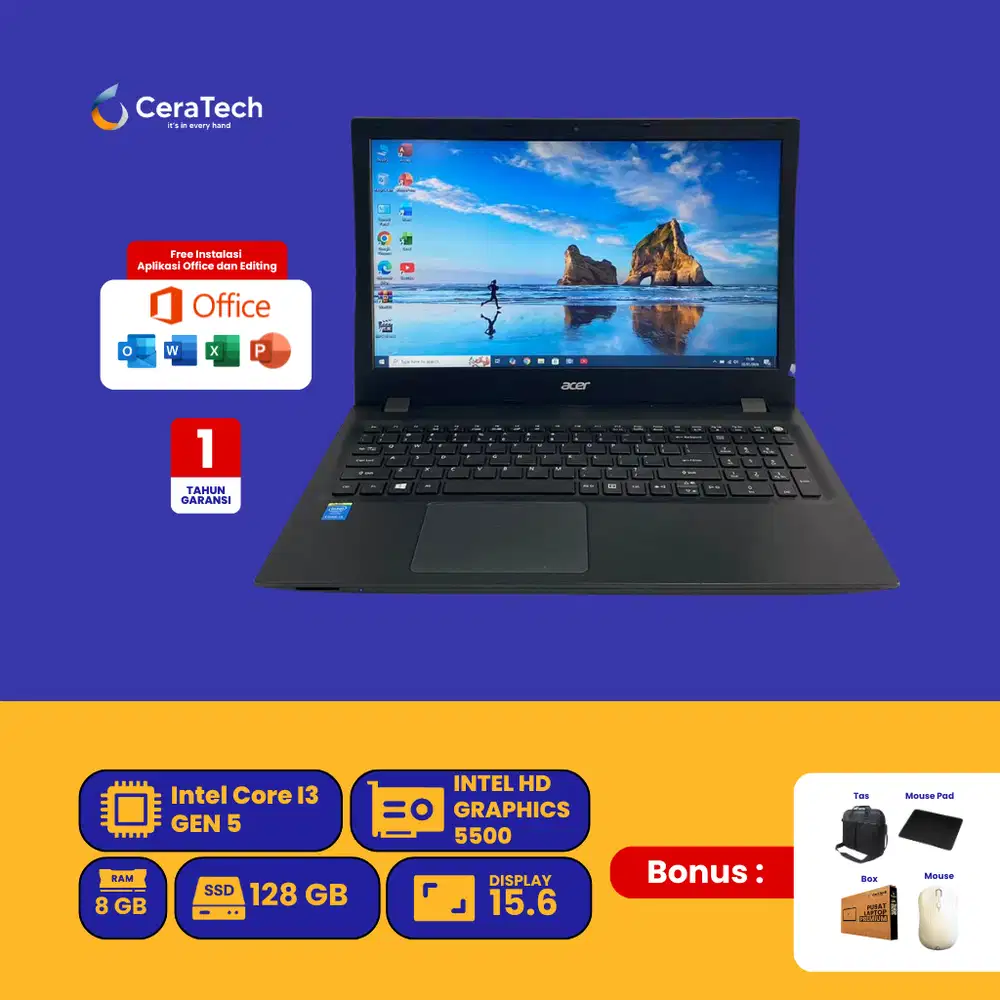 Laptop ACER TRAVELMATE P257-M Intel Core i3 Gen 5 RAM 8GB SSD 128GB