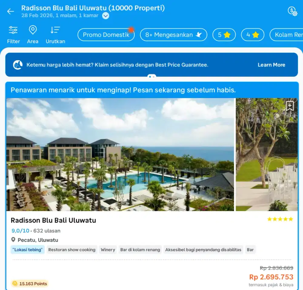 Dijual 1 Voucher Hotel Bali Radisson Blu Uluwatu