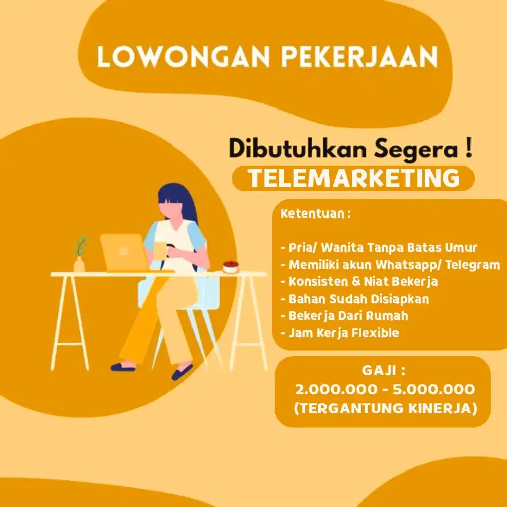 Telemarketing. Bekerja Dari Rumah. Punya HP Pribadi.