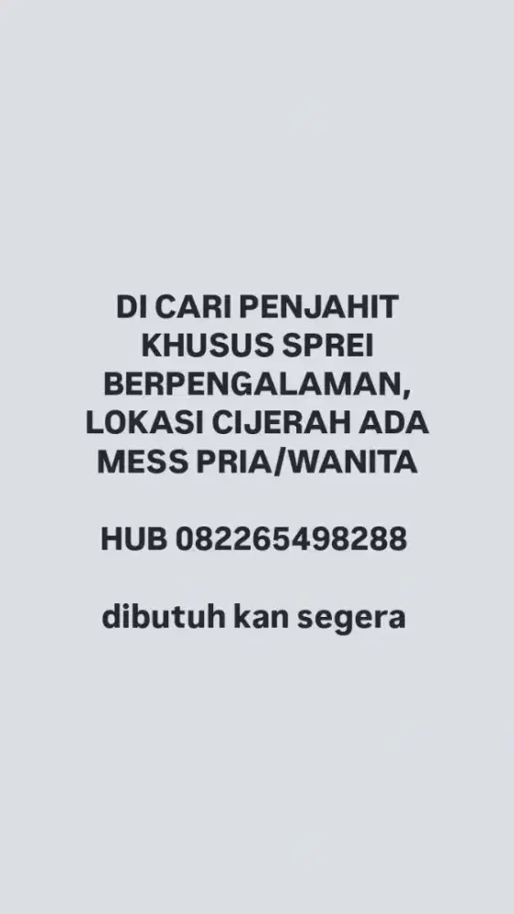 Lowongan kerja Dicari Penjahit Sprei berpengalaman