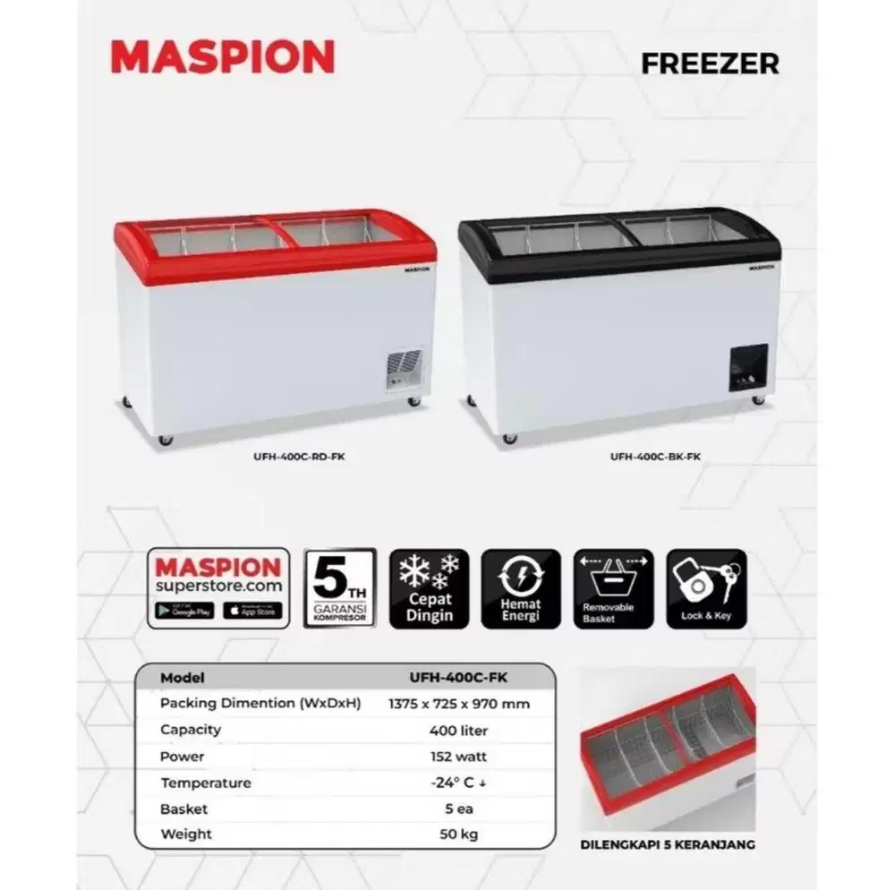 MASPION Freezer 400Liter Glass Cursed Series UFH 400C
