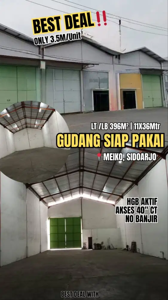 Dijual Gudang Meiko Gandeng 3 Unit Jejer Gedangan Sidoarjo