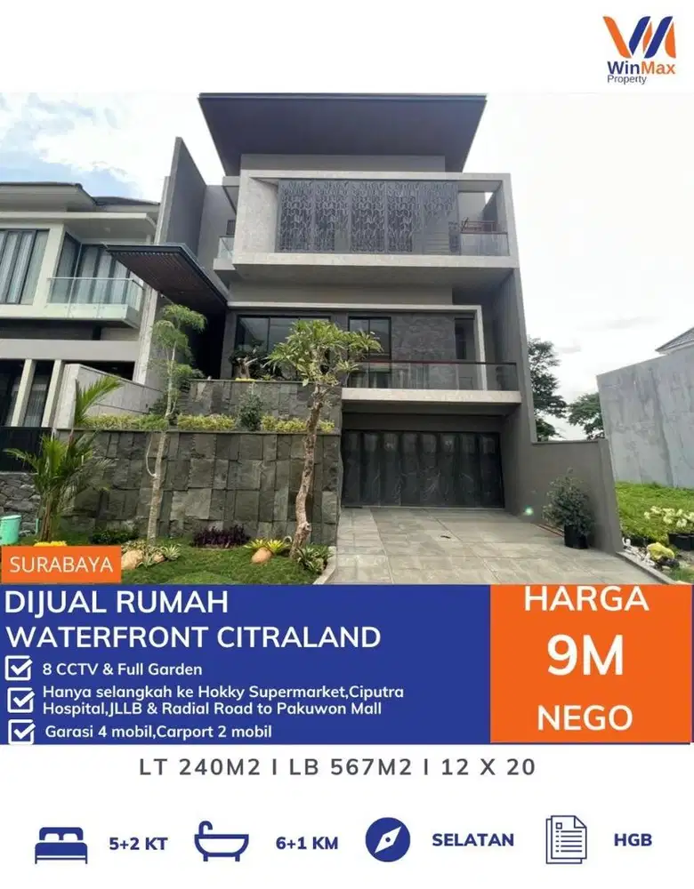 Dijual rumah 3 lantai super lux waterfront citraland surabaya barat