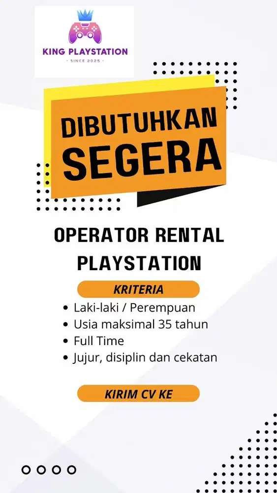 Lowongan Kerja Dibutuhkan segera Operator Rental Playstation