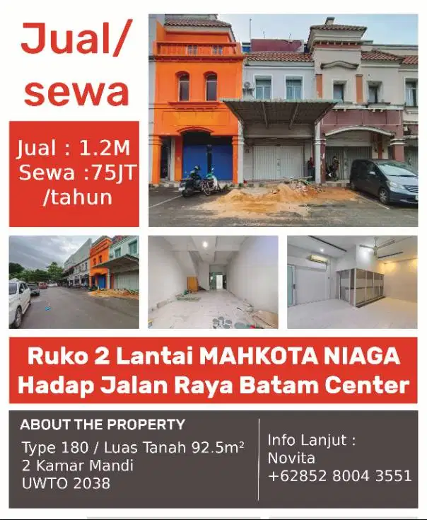 1 Unit Ruko 2 Lantai MAHKOTA NIAGA Hadap Jalan Raya Batam Center