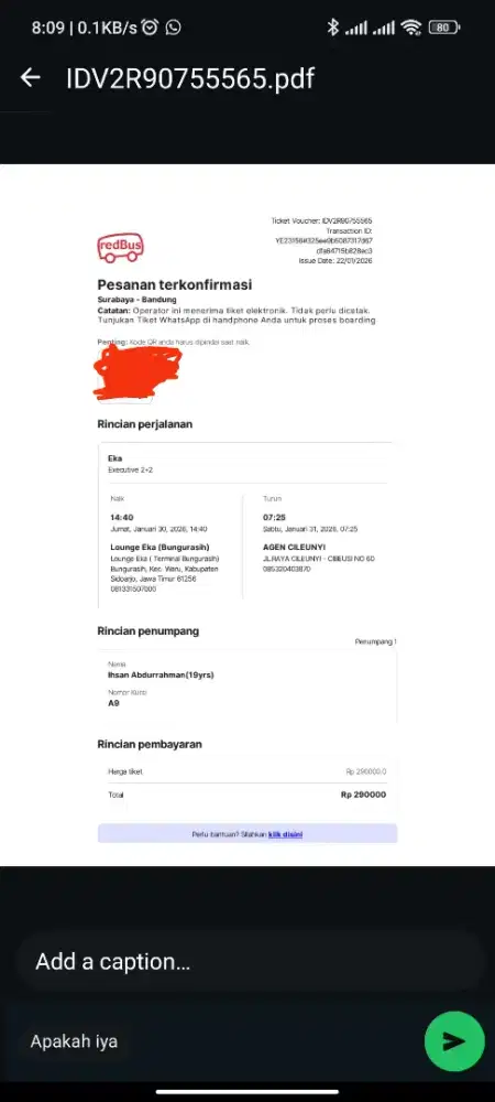 Jual rugi tiket bus bis Surabaya-bandung eka jumat 30 Januari