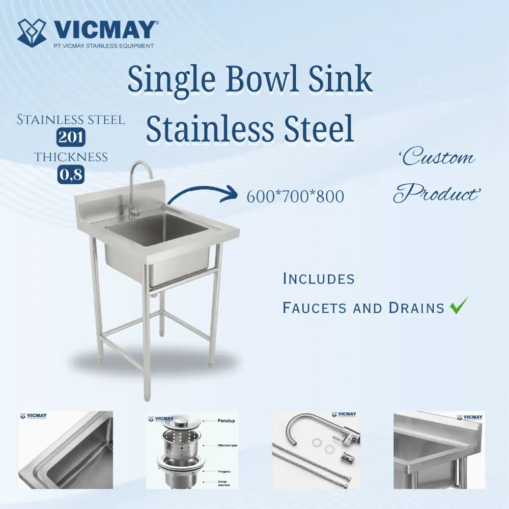 Single Bowl Sink Stainless 201 Tebal 0,8mm Kuat dan kokoh
