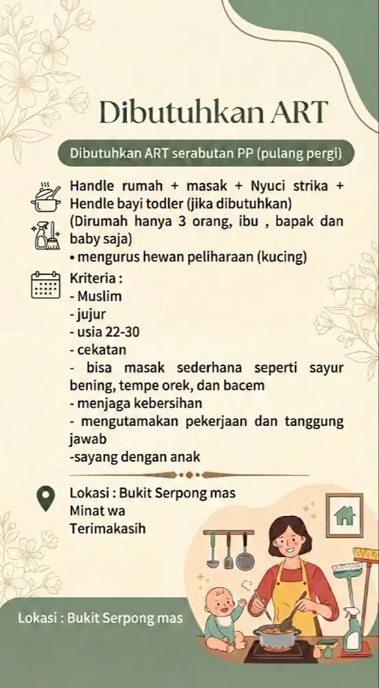 [Butuh Cepat/langsung kerja] Dibutuhkan ART serabutan PP