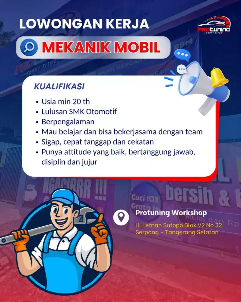 DIBUTUHKAN SEGERA MEKANIK MOBIL BERPENGALAMAN